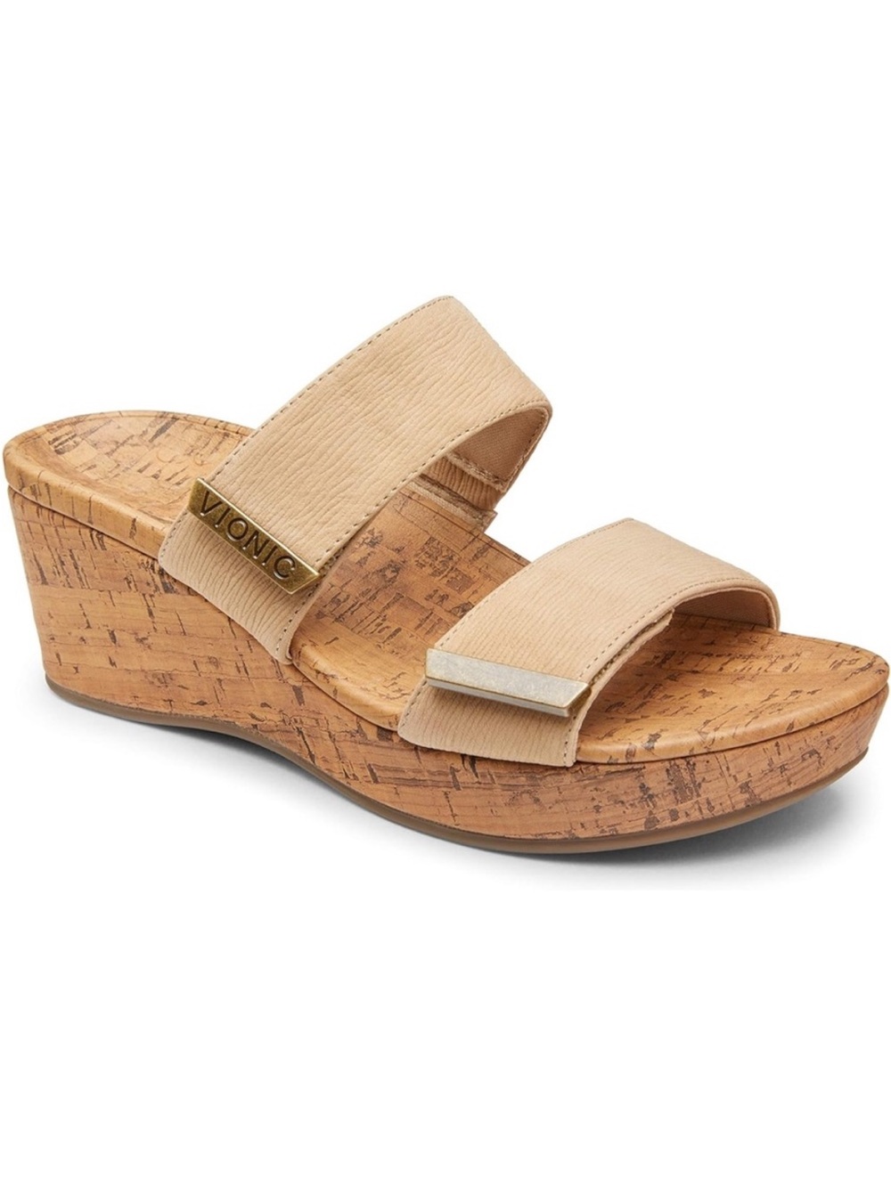 Vionic Platform Pepper ruched slide sandals size 9 cork wedges heels beige tan